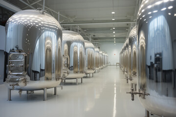 Large milk tanks filled with fresh milk, gleaming stainless steel reflecting purity of dairy products. Generative AI