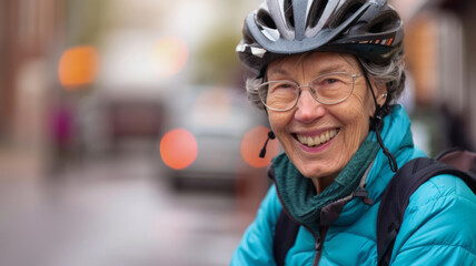 Joyful senior woman cyclist enjoys a city ride, vibrant background.