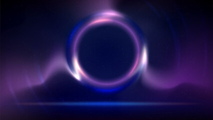 Stage. Pink blue purple circular lighting background, Shining light ring. Spot of light. Illuminated stage, dark blue backdrop. Glowing circle. Background for displaying products. Vector illustration