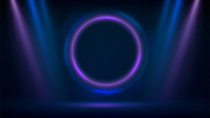 Pink blue purple spotlight backdrop. Stage, pink blue circular lighting background. Light fluorescent ring on dark backdrop. Round frame. Glowing violet circle. Background displaying products. Vector