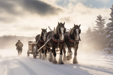 Man running two beautiful horses in winter. Generative AI - obrazy, fototapety, plakaty