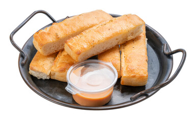 Cheese bread sticks with dipping cheese ,Butter  bread sticks isolated on white bButter  bread sticks isolated on white background. Salted bread stick isolated on white PNG File.
