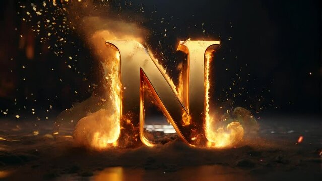Letter N golden 3d on fire video animation, seamless Animation video background