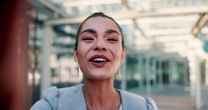 Business woman, city and video call for travel communication, virtual meeting or chat on the way to work. Face of professional influencer or public relations worker talking or live streaming outdoor
