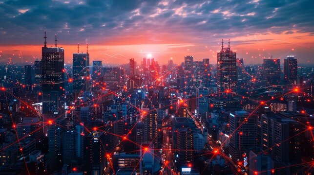 A high-tech business hub integrating the Internet of Things (IoT) to streamline operations and enhance connectivity across finance and technology sectors