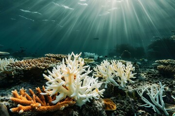 Coral bleaching because sea surface temperatures rise from global warming and  environment change