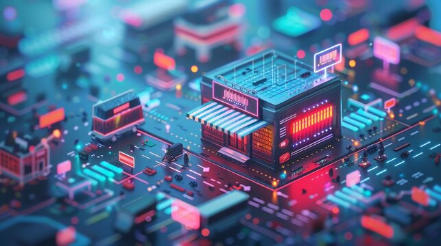 A sleek, digital marketplace bustling with e-commerce activities, powered by the latest technology in business and finance