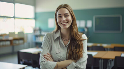 Smiling female teacher confidently standing in a modern classroom.