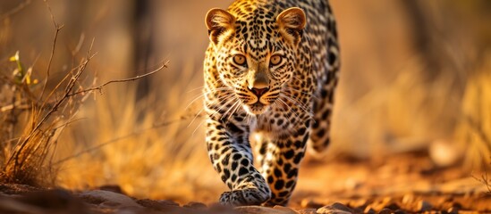 A young African leopard gracefully prowling across a dry grass-covered field in the wilderness of...