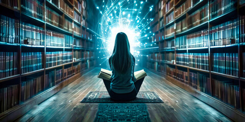 Girl sitting on the floor in a library with books, illuminated by a glowing orb of light with digital networks. - obrazy, fototapety, plakaty