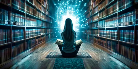 Fotobehang Girl sitting on the floor in a library with books, illuminated by a glowing orb of light with digital networks. © Dougie C