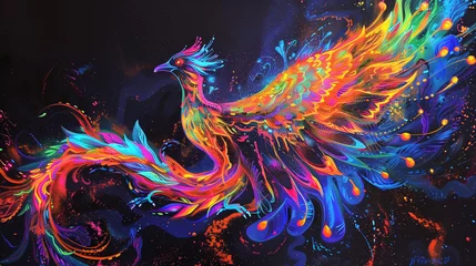 Fotobehang A neon phoenix rising from the ashes, its vibrant plumage ablaze with the colors of a thousand suns. © Sumia