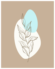 Posters with blue and brown colors minimalist design elements in Boho style. Wall art leaf, home deco, hand drawn leaves. Vector illustration