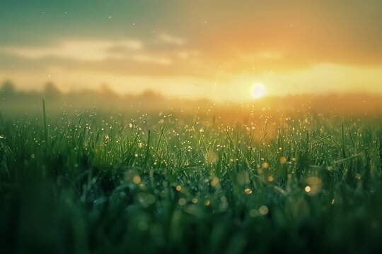 Tranquil sunrise over a dewy grass field with space for text, ideal for backgrounds related to spring, nature, or new beginnings