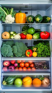 opening the door to health: a fridge fully stocked with a vibrant array of fruits and vegetables, inviting a journey towards a healthier lifestyle. ai generated