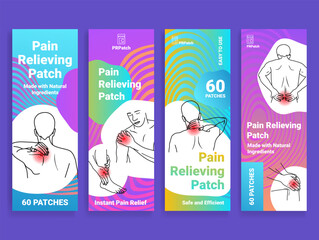 Pain relieving patch package label physical injury medical urgency set design template vector