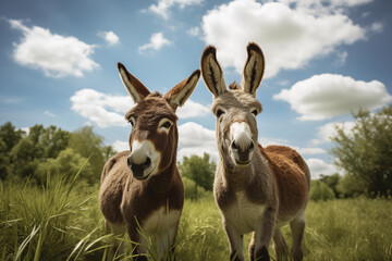 Pair of donkeys standing side by side in the pasture. Generative AI