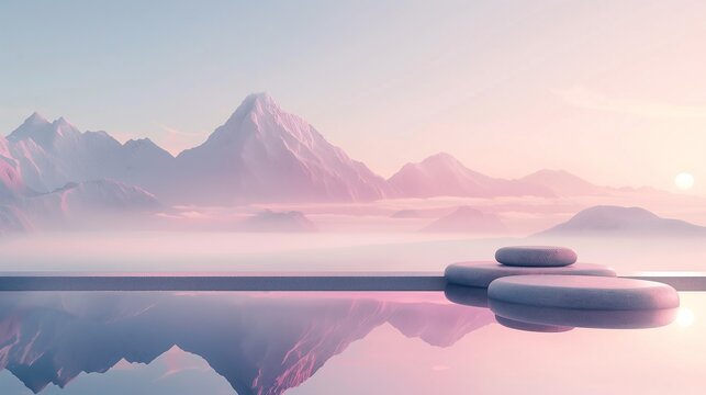 Tranquil zen-like landscape with stacked stones, serene pink sunset, mountain reflections on water, with ample copy space, ideal for wellness or meditation backgrounds