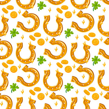 Pattern is a golden horseshoe, coins and clover. Vector seamless pattern for St. Patrick's Day with green shamrock leaves, gold coins and horseshoes on a white. Holiday packaging for good luck