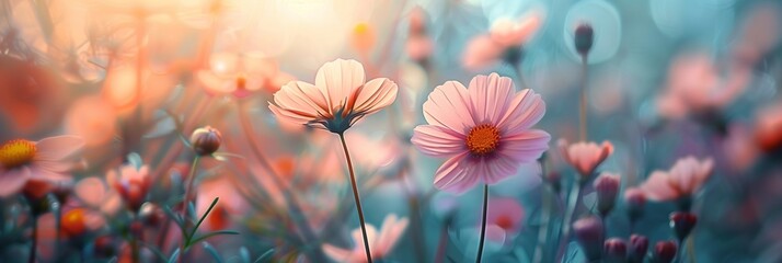 Ethereal soft-focus background of blooming pink cosmos flowers with vibrant bokeh, perfect for nature-themed designs and space for text