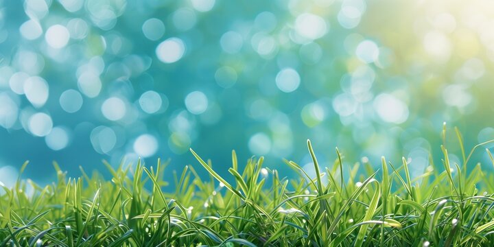 Fresh spring grass with dew drops against a soft bokeh background, ideal for nature concepts or environmental campaigns with copy space for text