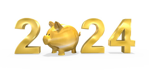 3d Sparschwein mit Jahreszahl 2024 in Gold mit transparenten Hintergrund, freigestellt