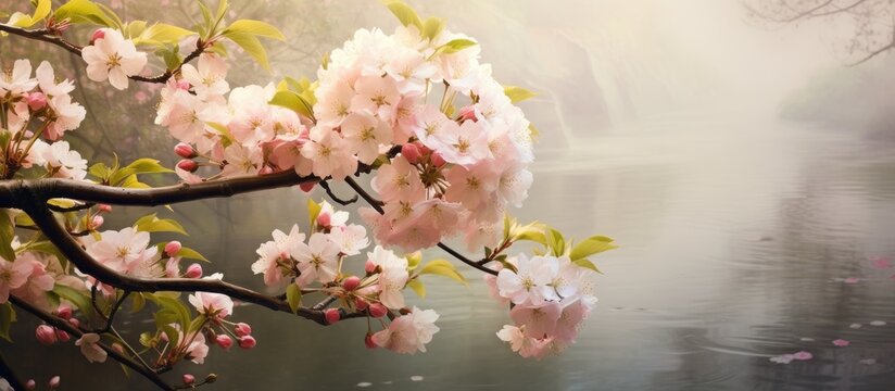 A tree branch with pink flowers stands in front of a body of water in a hazy garden setting. The delicate blossoms contrast against the watery background.