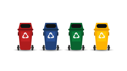 Colorful garbage cans with sorted garbage on white background. Ecology and recycle concept. 