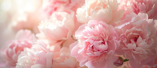 A collection of faint pink peony blossoms elegantly arranged in a vase, filling the frame with beauty and grace.