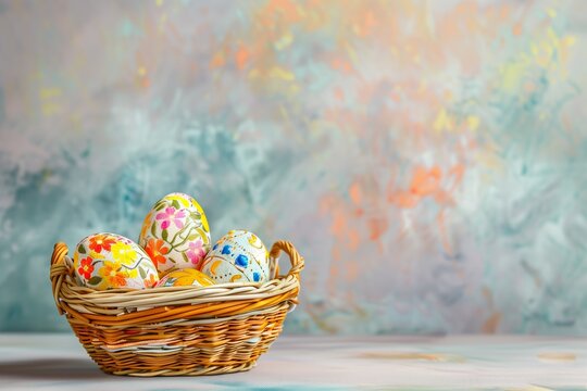 Wicker basket filled with colorful painted Easter eggs on a soft-textured background with ample space for text, perfect for Easter holiday greetings and marketing materials
