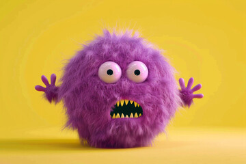 A fluffy ball-shaped surprised purple colored monster screams and waves its arms. Shocked smiley face. Funny children's toy. Facial expression. An illustration of a varied design. Yellow background