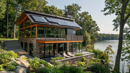 Fototapeta na wymiar A serene lakeside setting showcasing a modern smart home with solar panels, reflecting tranquility and eco-conscious living.