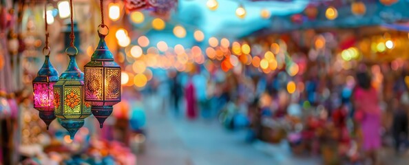 Traditional ornate lanterns hanging at an Eastern market with a blurred background of a bustling...