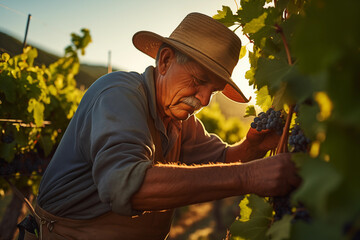 Vineyard owner carefully pruning grapevines in the soft light of dawn, ensuring a bountiful...
