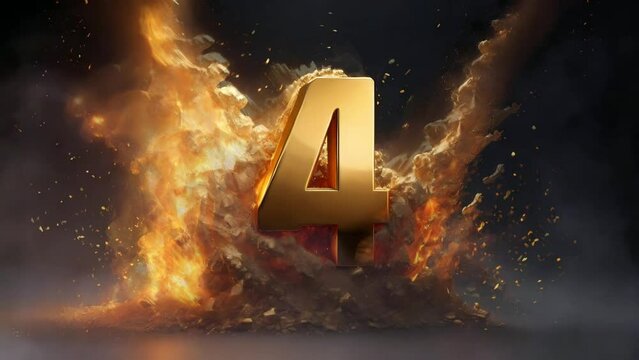 Number 4 golden 3d on fire video animation
