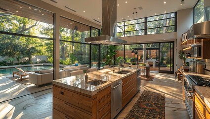 Chic minimalist kitchen with clean lines, stainless steel appliances, and a central island - obrazy, fototapety, plakaty