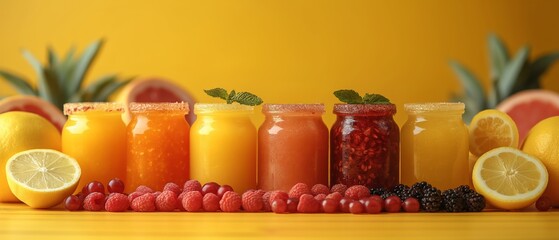 Set of various fresh fruit smoothies or juice on yellow background.