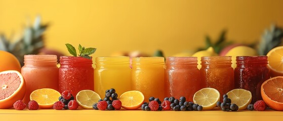 Set of various fresh fruit smoothies or juice on yellow background.