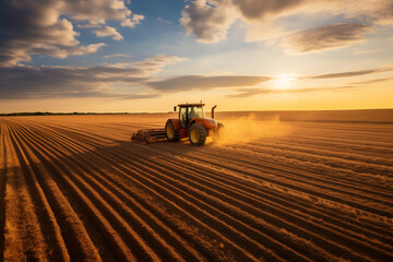 Wheat farmer driving a tractor across endless golden fields. Generative AI - obrazy, fototapety, plakaty