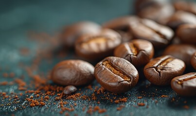 Fototapeta premium Coffee beans on an abstract background with space for text.