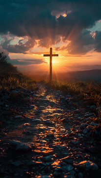 Recreation of a big cross in a stones road at sunset