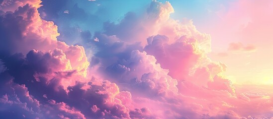 The sky is painted in soft pastel hues of pink and blue as numerous clouds float across the...
