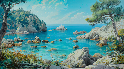 A scenic view of a rocky shoreline in a tranquil blue - Powered by Adobe