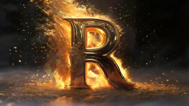 Letter R golden 3d on fire video animation