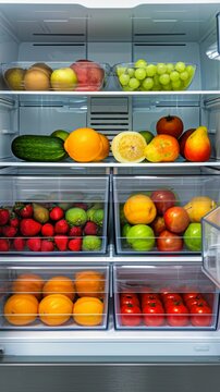 opening the door to health: a fridge fully stocked with a vibrant array of fruits and vegetables, inviting a journey towards a healthier lifestyle. ai generated