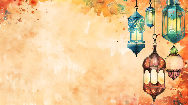 Watercolor illustration with hanging arabic lanterns, wide space. Ramadan illustration