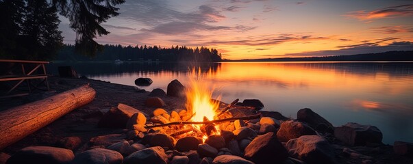 Glowing campfire by the lake. Sunset with open flames, fire, and logs. Camping on the beach at night. Serene lake landscape - obrazy, fototapety, plakaty