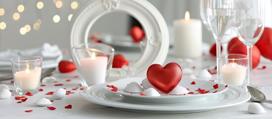 A white table is topped with a plate covered in heart designs, surrounded by Valentines Day decorations like tealight candles, glass hearts, and wrapped chocolates. - obrazy, fototapety, plakaty