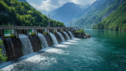 Innovative hydroelectric power facility in a natural landscape, illustrating the integration of technology and nature in sustainable energy