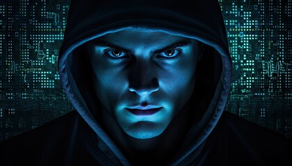 A man wearing a hooded jacket is facing the camera directly, with his expression visible. The hood partially covers his face, creating a sense of mystery and anonymity